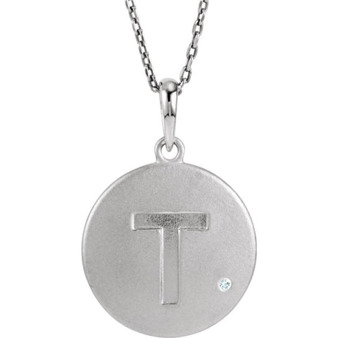 Sterling Silver .005 CTW Diamond Letter "T" Initial Disc 18" Necklace