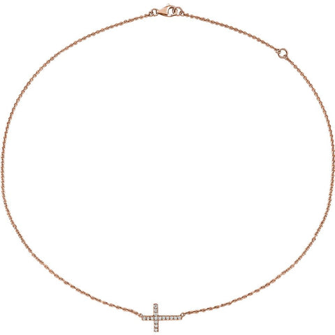 14k Rose Gold 1/5 CTW Diamond Sideways Cross 16-18" Necklace