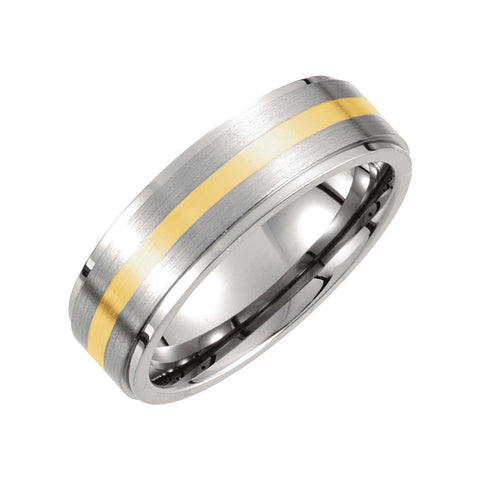 Titanium & 14k Yellow Gold Inlay 7mm Ridged & Satin Finished Band Size 13