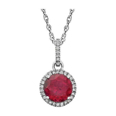 14k White Gold Created Ruby & 1/10 CTW Diamond 18" Necklace