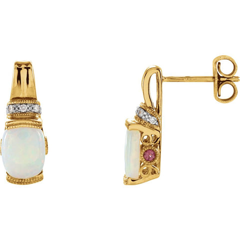 14k Yellow Gold Genuine Opal, Pink Tourmaline & .05 CTW Diamond Earrings