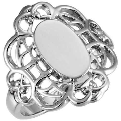 14k White Gold Filigree Signet Ring, Size 6