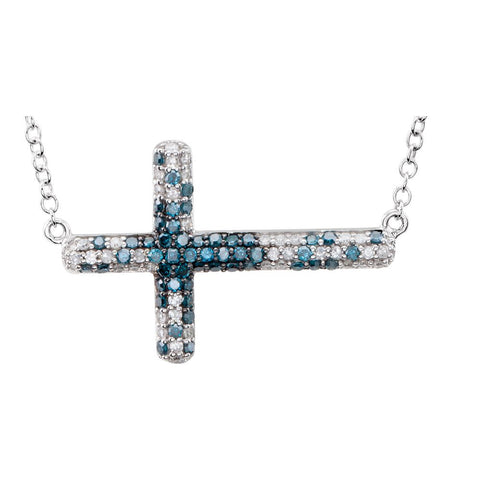 14k White Gold 3/8 CTW Diamond Sideways Cross 18" Necklace