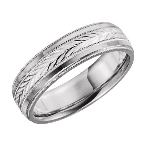 14k White Gold Leaf Design Comfort-Fit Milgrain Band Size 10