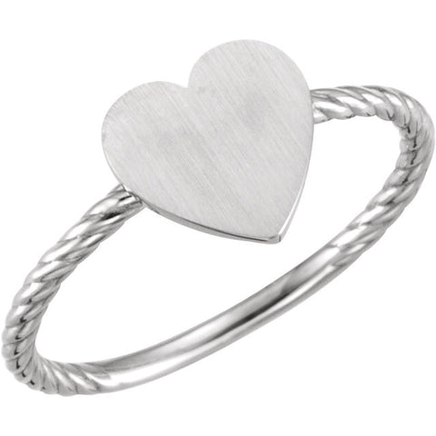 14k White Gold Heart Engravable Rope Ring , Size 7