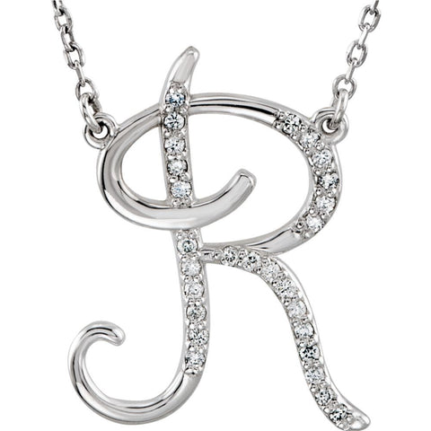 14k White Gold Letter "R" 1/8 CTW Diamond Initial 17" Necklace