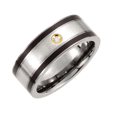 Titanium, Sterling Silver Inlay, Black Enamel & 14K Gold Plate 9mm .06 CTW Diamond Band Size 10