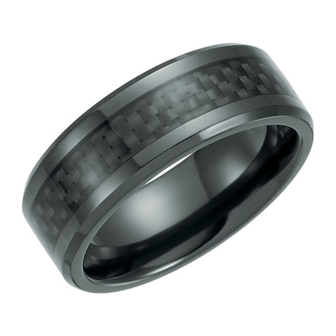 Black Titanium 8mm Beveled Band with Black Carbon Fiber Inlay , Size 9.5