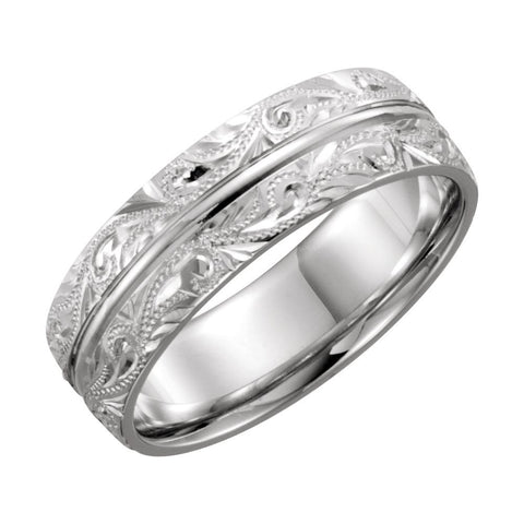 14k White Gold 7mm Hand-Engraved Band Size 11