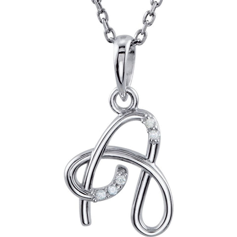 14k White Gold .03 CTW Diamond Letter "A" Script Initial 18" Necklace