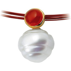 14k White Gold 6mm Carnelian & 12mm South Sea Cultured Circle Pearl Pendant