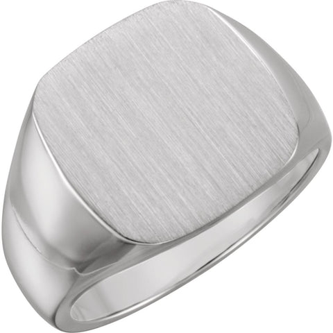 14k White Gold 12mm Men's Signet Ring with Brush Top Finish, Size 11