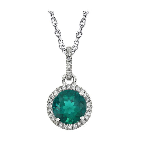 14k White Gold Created Emerald & 1/10 CTW Diamond 18" Necklace