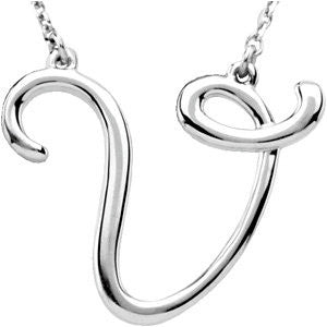 Sterling Silver "V" Script Initial 16" Necklace