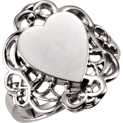 14k White Gold Heart Signet Ring, Size 6