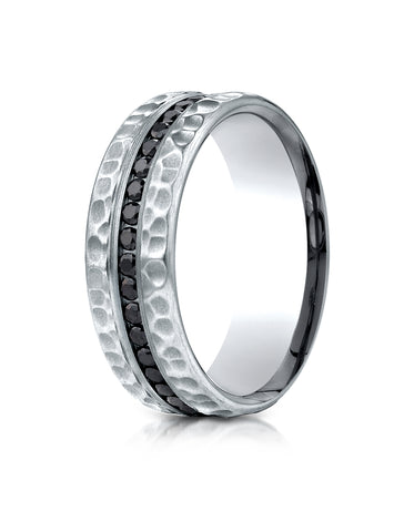 Benchmark 14K White Gold 7.5mm Hammered Finish Pave-set Black Diamond Eternity Comfort-Fit Band (0.72ct)