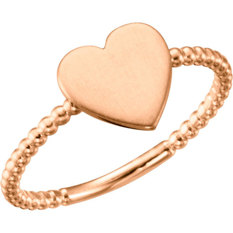 14k Rose Gold Heart Engravable Beaded Ring , Size 7