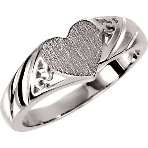 14k White Gold Heart Signet Ring, Size 6