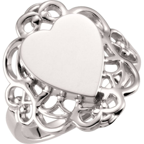 14k White Gold Heart Signet Ring, Size 6