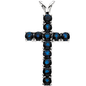 14k White Gold Blue Sapphire Cross Pendant