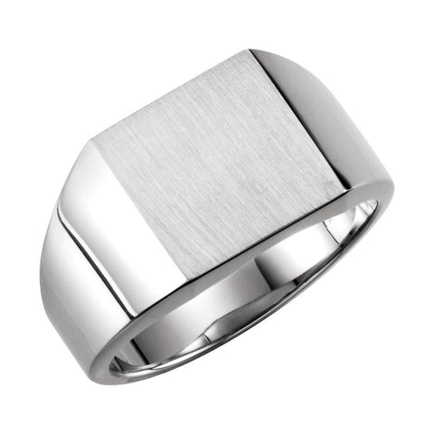 14k White Gold 12mm Men's Solid Signet Ring with Brush Finish, Size 10