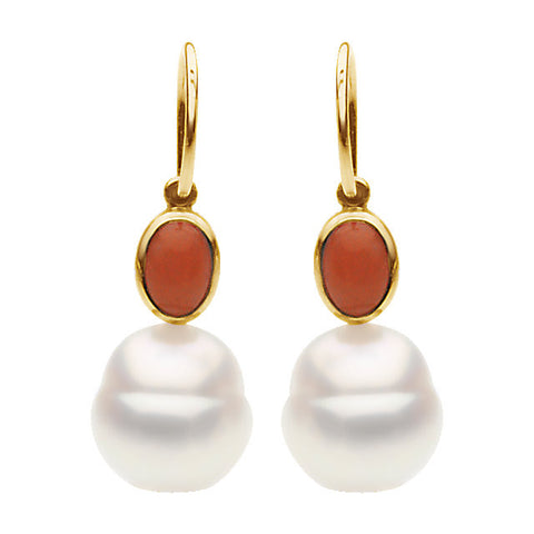 14k Yellow Gold Coral & South Sea Cultured Pearl Earrings