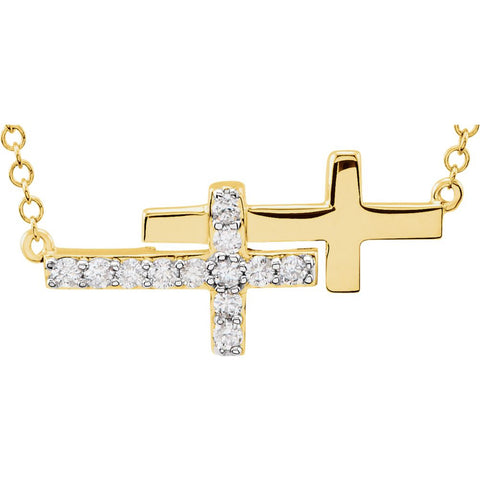 14k Yellow Gold 1/6 CTW Diamond Double Sideways Cross 18" Necklace