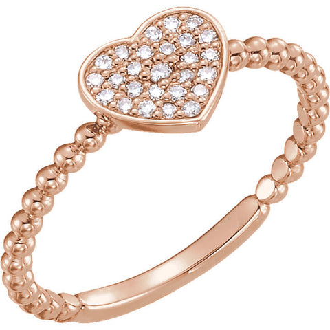 14k Rose Gold 1/8 CTW Diamond Heart Bead Ring, Size 7