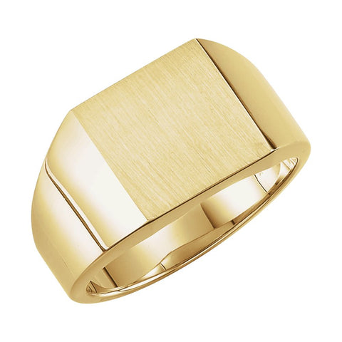 14k Yellow Gold 12mm Men's Solid Signet Ring with Brush Finish, Size 10