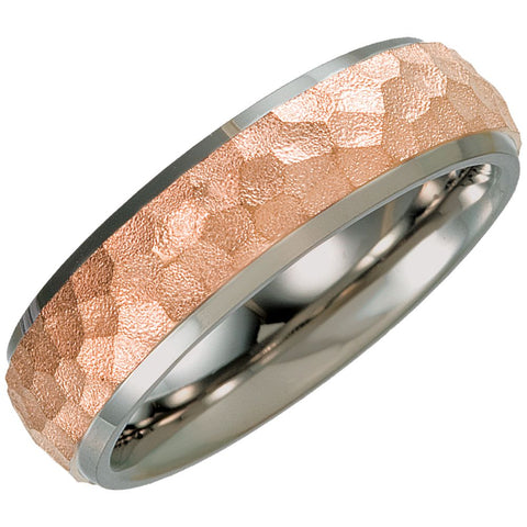 Titanium & 14K Rose Immerse Plated 7mm Hammered Finish Beveled Edge Band Size 6.5