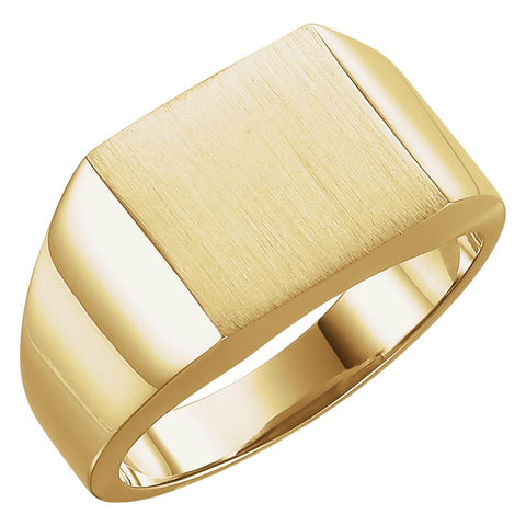 14k Yellow Gold 12mm Men's Signet Ring with Brush Finish, Size 10